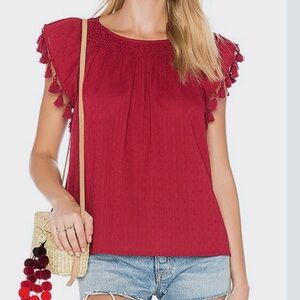 THE GREAT Tassel Flutter Sleeve Cotton Top Small Red Smocked Boho Coastal Size 1